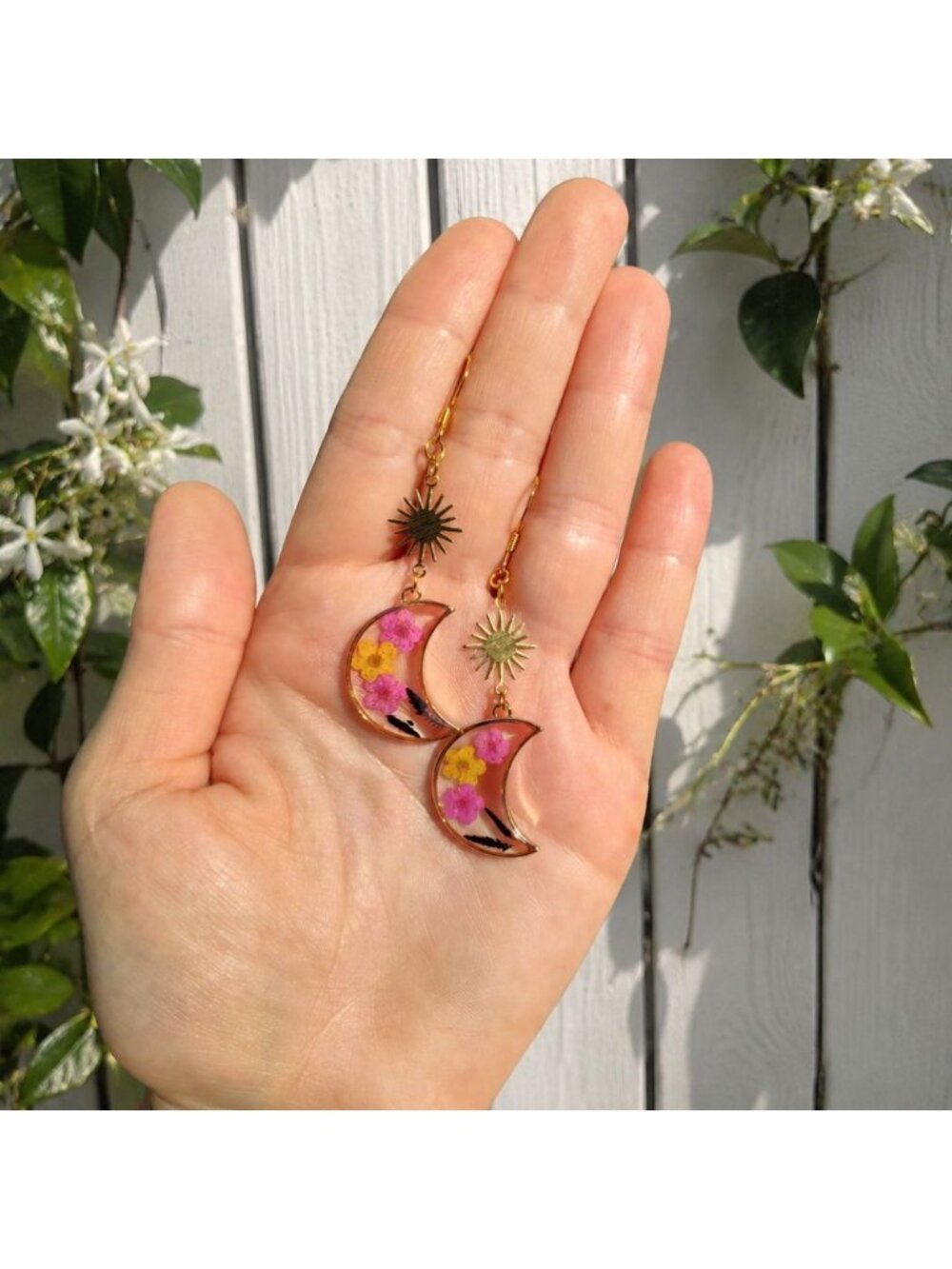 Floral Crescent Moon Earrings with Gold Tone Sunbursts and Pink Yellow Flowers